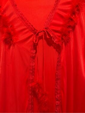 Classic Red Lace-Trim Robe with Feather Pom Detail